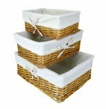 Honey Wicker Shallow Storage Basket with Beige Canvas Liner in 3 Sizes